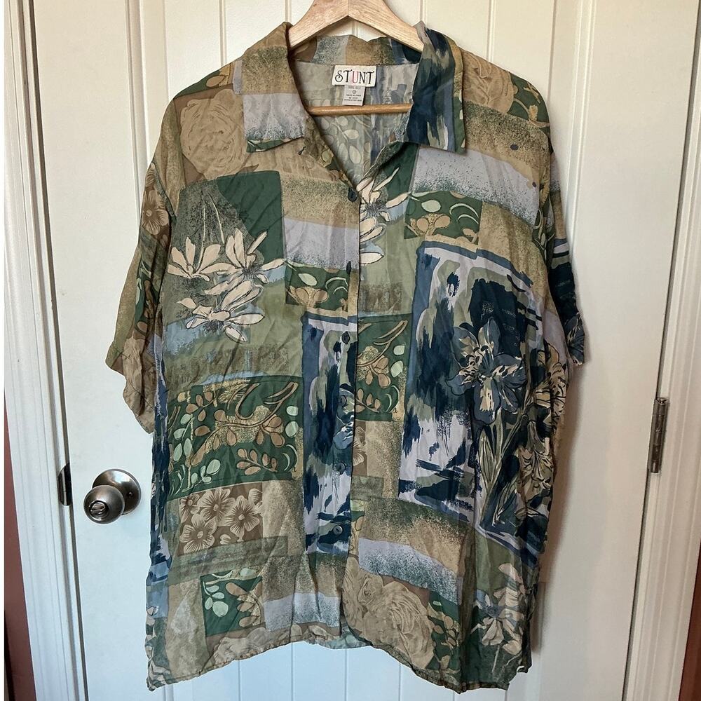 Vintage Stunt 100% Silk Hawaiian Shirt 1X Green